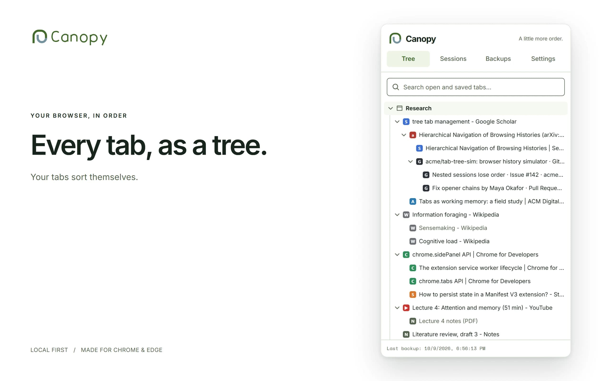 Canopy side panel beside a web page, showing open tabs from two windows as a tree with nested branches