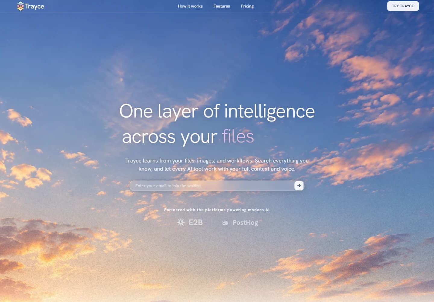 Trayce website hero: One layer of intelligence across your files