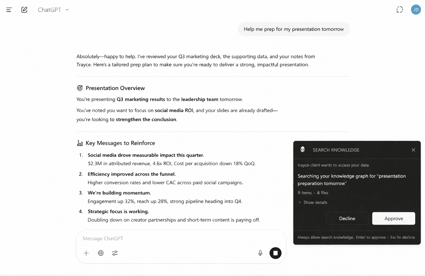 ChatGPT requesting approval to search the user's Trayce knowledge graph